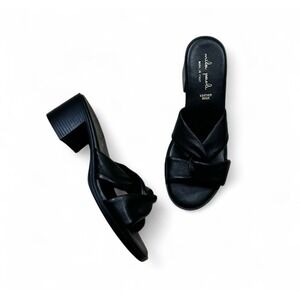 Mila Paoli Black Leather Open Tow Twist Knot 2" Block Heel Women's 40